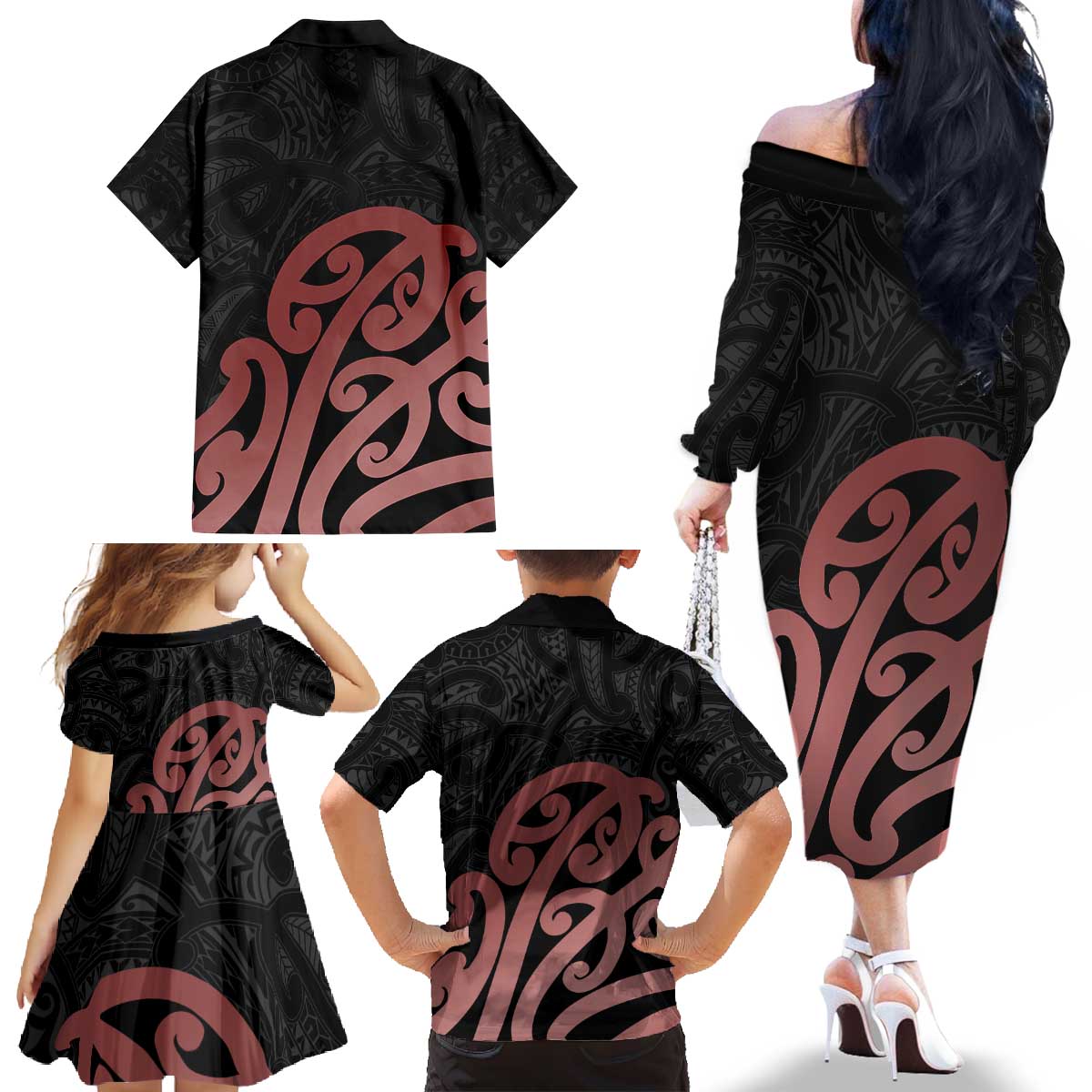 New Zealand Mangopare Tamanako Family Matching Off The Shoulder Long Sleeve Dress and Hawaiian Shirt Aotearoa Maori