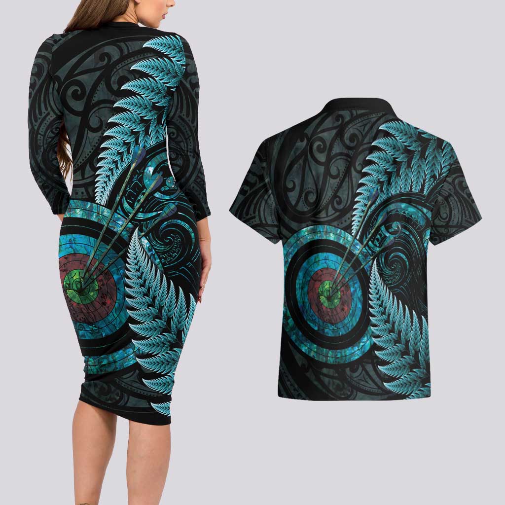 New Zealand Archery Couples Matching Long Sleeve Bodycon Dress and Hawaiian Shirt Aotearoa Silver Fern Maori - Polynesian Pride