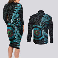 New Zealand Archery Couples Matching Long Sleeve Bodycon Dress and Long Sleeve Button Shirt Aotearoa Silver Fern Maori - Polynesian Pride