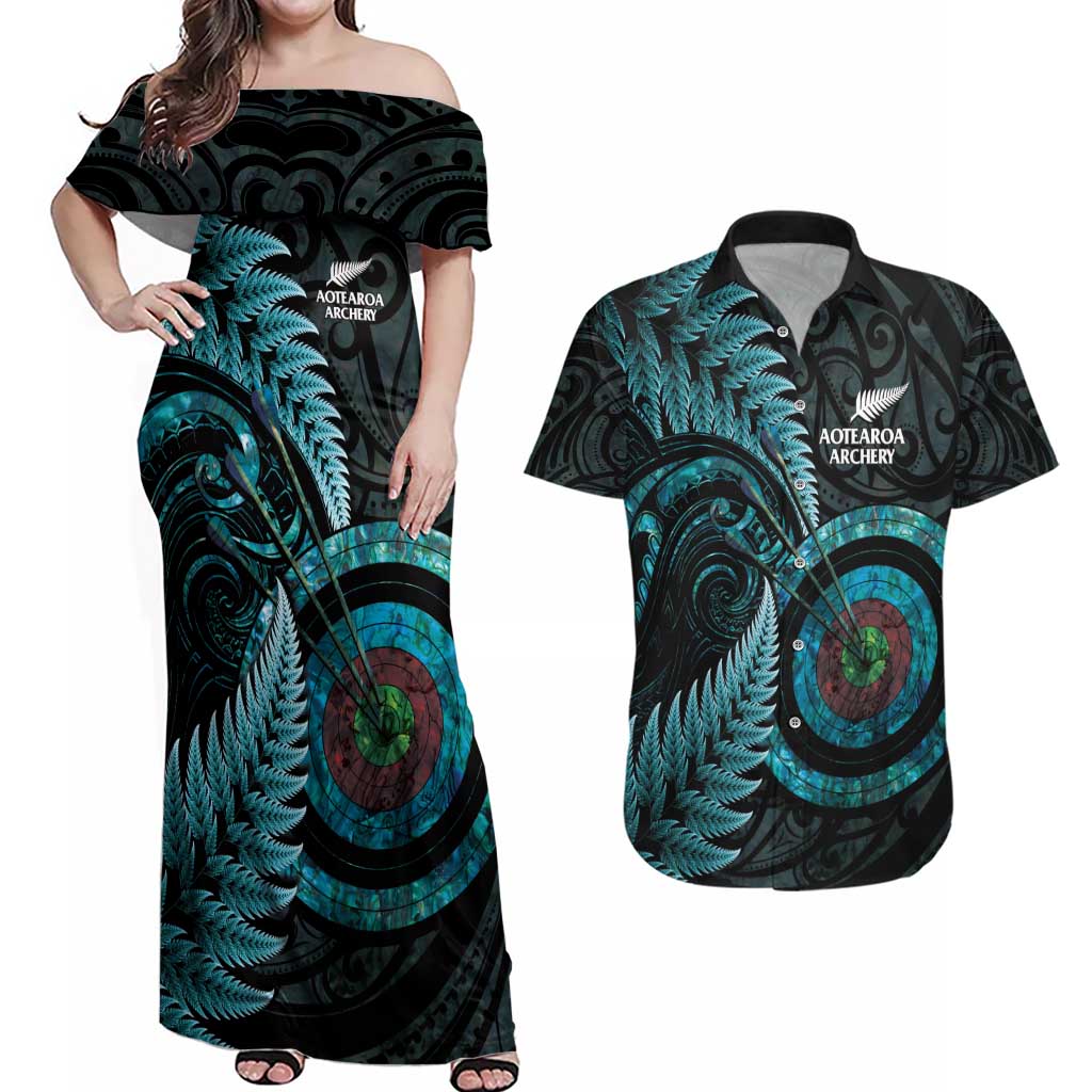 New Zealand Archery Couples Matching Off Shoulder Maxi Dress and Hawaiian Shirt Aotearoa Silver Fern Maori - Polynesian Pride