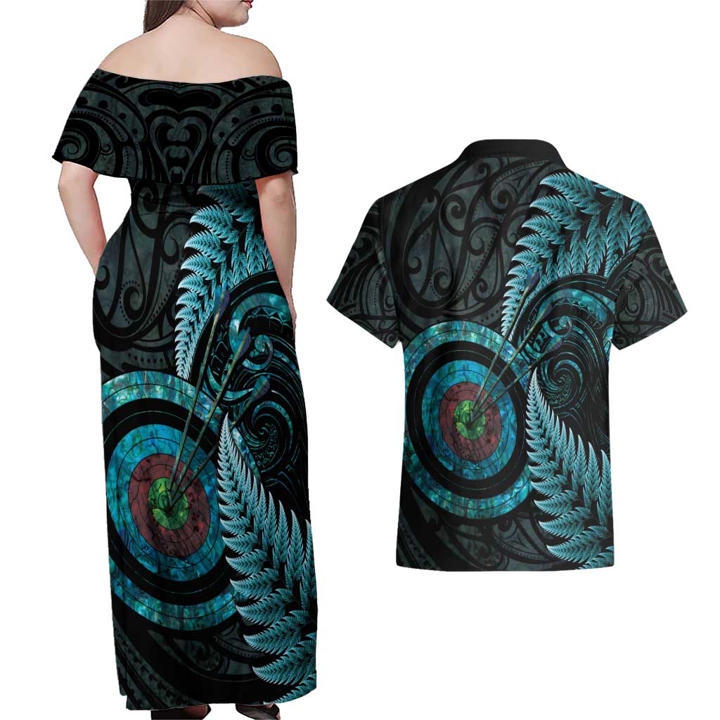 New Zealand Archery Couples Matching Off Shoulder Maxi Dress and Hawaiian Shirt Aotearoa Silver Fern Maori - Polynesian Pride