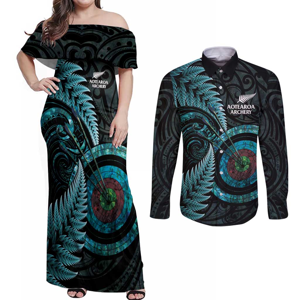 New Zealand Archery Couples Matching Off Shoulder Maxi Dress and Long Sleeve Button Shirt Aotearoa Silver Fern Maori - Polynesian Pride