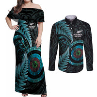 New Zealand Archery Couples Matching Off Shoulder Maxi Dress and Long Sleeve Button Shirt Aotearoa Silver Fern Maori - Polynesian Pride