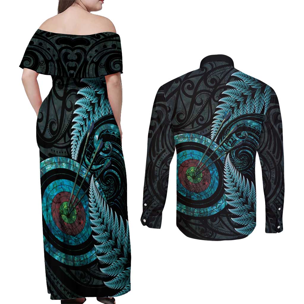New Zealand Archery Couples Matching Off Shoulder Maxi Dress and Long Sleeve Button Shirt Aotearoa Silver Fern Maori - Polynesian Pride