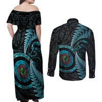 New Zealand Archery Couples Matching Off Shoulder Maxi Dress and Long Sleeve Button Shirt Aotearoa Silver Fern Maori - Polynesian Pride