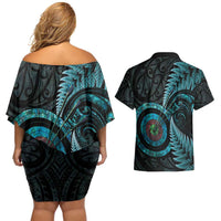 New Zealand Archery Couples Matching Off Shoulder Short Dress and Hawaiian Shirt Aotearoa Silver Fern Maori - Polynesian Pride