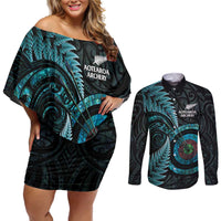 New Zealand Archery Couples Matching Off Shoulder Short Dress and Long Sleeve Button Shirt Aotearoa Silver Fern Maori - Polynesian Pride