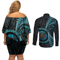 New Zealand Archery Couples Matching Off Shoulder Short Dress and Long Sleeve Button Shirt Aotearoa Silver Fern Maori - Polynesian Pride