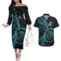 New Zealand Archery Couples Matching Off The Shoulder Long Sleeve Dress and Hawaiian Shirt Aotearoa Silver Fern Maori - Polynesian Pride