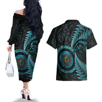 New Zealand Archery Couples Matching Off The Shoulder Long Sleeve Dress and Hawaiian Shirt Aotearoa Silver Fern Maori - Polynesian Pride