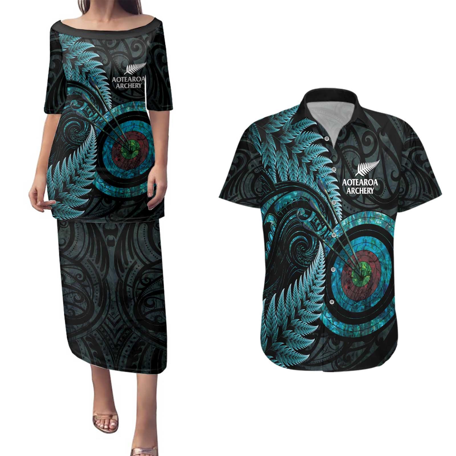 New Zealand Archery Couples Matching Puletasi and Hawaiian Shirt Aotearoa Silver Fern Maori - Polynesian Pride