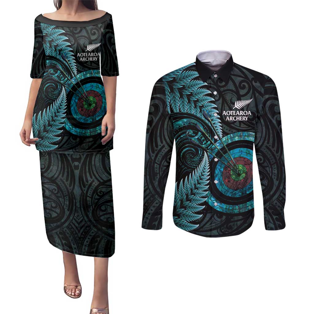 New Zealand Archery Couples Matching Puletasi and Long Sleeve Button Shirt Aotearoa Silver Fern Maori - Polynesian Pride