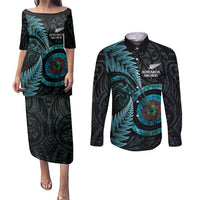 New Zealand Archery Couples Matching Puletasi and Long Sleeve Button Shirt Aotearoa Silver Fern Maori - Polynesian Pride