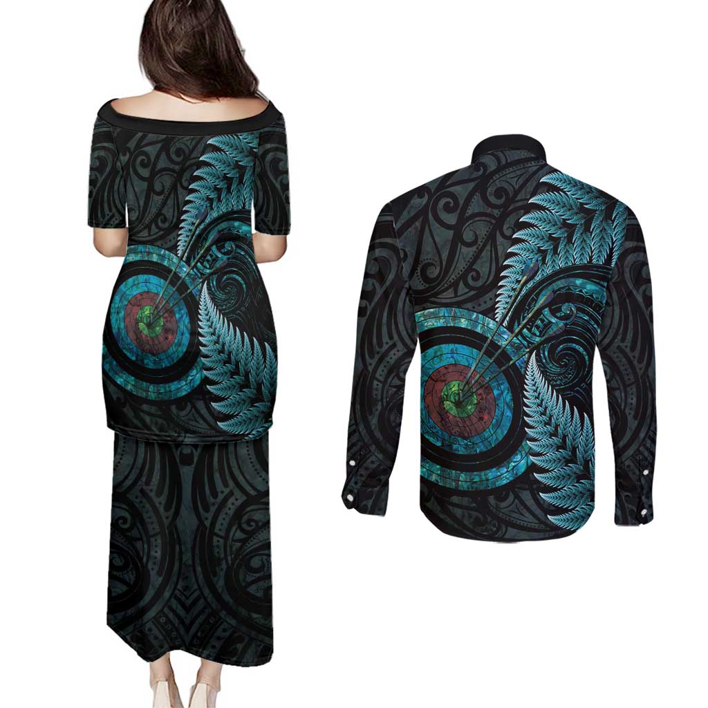 New Zealand Archery Couples Matching Puletasi and Long Sleeve Button Shirt Aotearoa Silver Fern Maori - Polynesian Pride