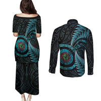 New Zealand Archery Couples Matching Puletasi and Long Sleeve Button Shirt Aotearoa Silver Fern Maori - Polynesian Pride