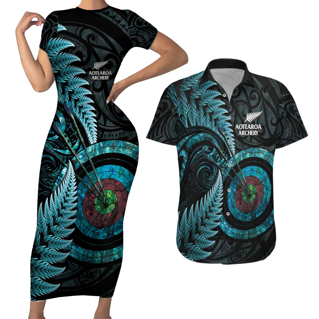 New Zealand Archery Couples Matching Short Sleeve Bodycon Dress and Hawaiian Shirt Aotearoa Silver Fern Maori - Polynesian Pride