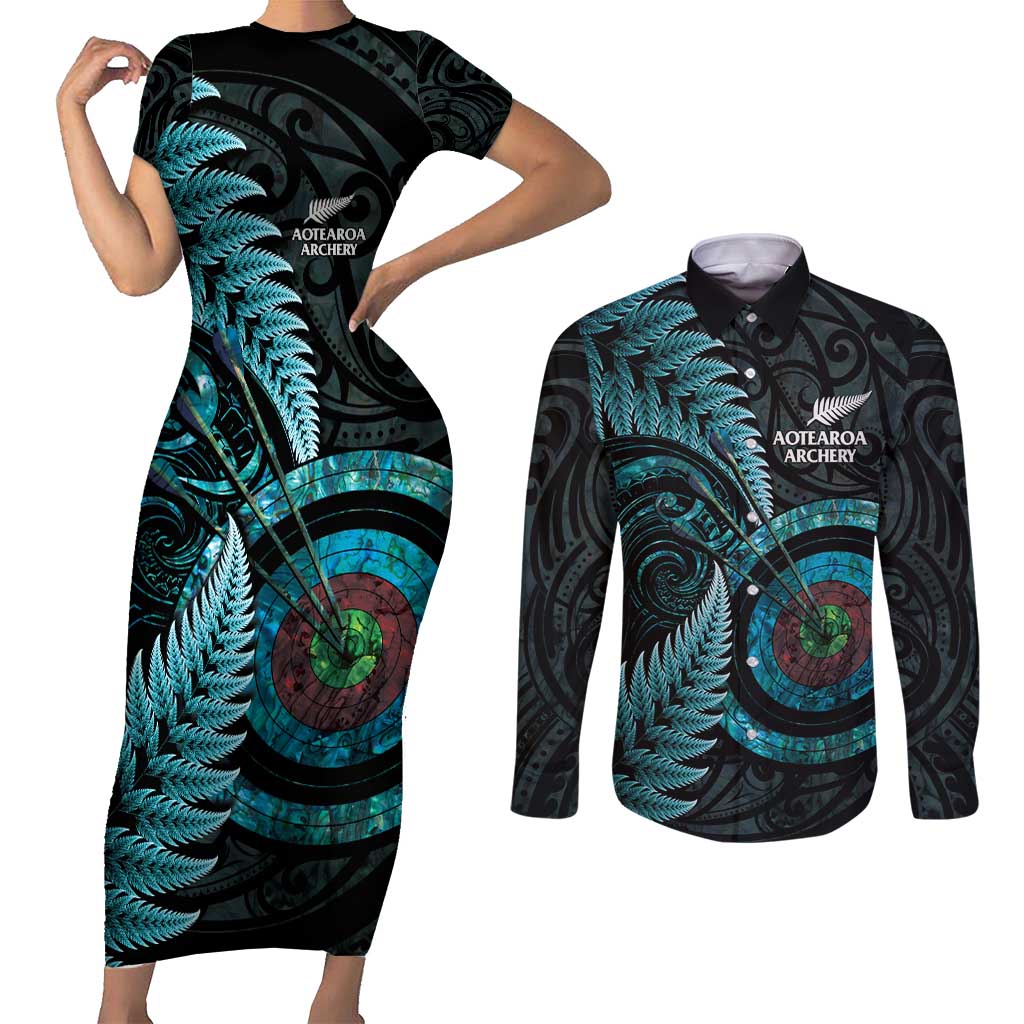 New Zealand Archery Couples Matching Short Sleeve Bodycon Dress and Long Sleeve Button Shirt Aotearoa Silver Fern Maori - Polynesian Pride