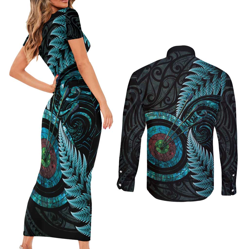 New Zealand Archery Couples Matching Short Sleeve Bodycon Dress and Long Sleeve Button Shirt Aotearoa Silver Fern Maori - Polynesian Pride