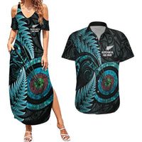 New Zealand Archery Couples Matching Summer Maxi Dress and Hawaiian Shirt Aotearoa Silver Fern Maori - Polynesian Pride