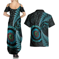 New Zealand Archery Couples Matching Summer Maxi Dress and Hawaiian Shirt Aotearoa Silver Fern Maori - Polynesian Pride
