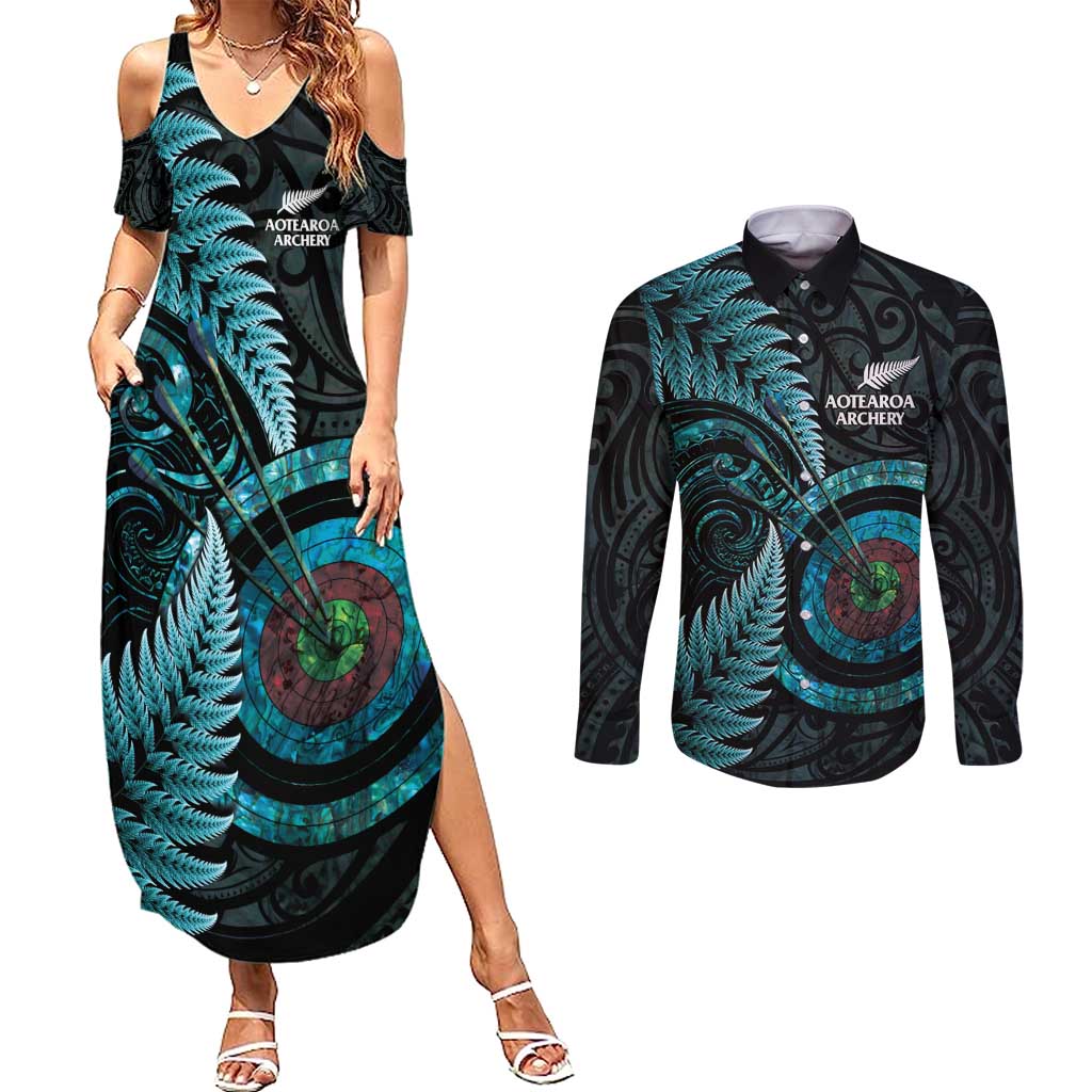 New Zealand Archery Couples Matching Summer Maxi Dress and Long Sleeve Button Shirt Aotearoa Silver Fern Maori - Polynesian Pride