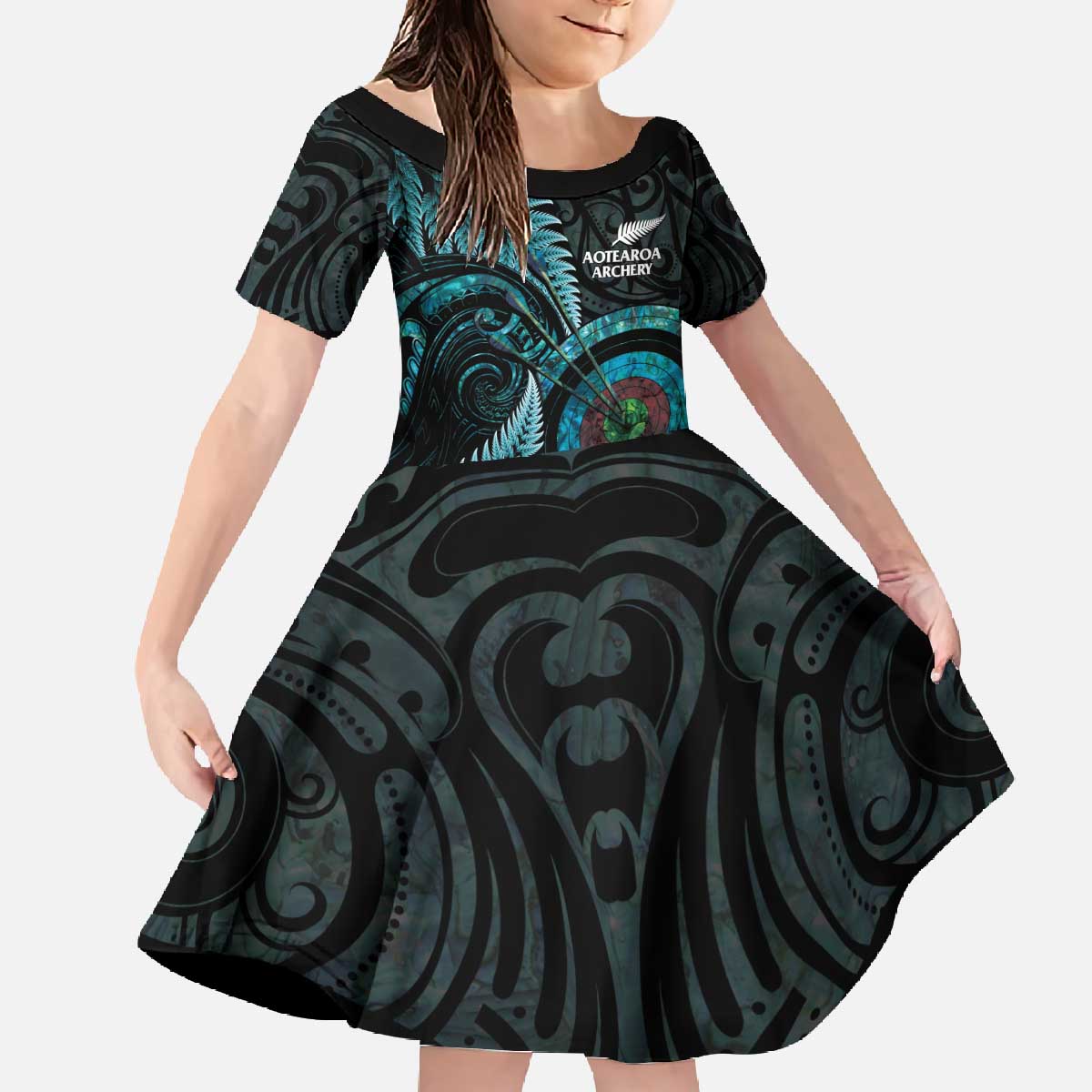 New Zealand Archery Family Matching Off The Shoulder Long Sleeve Dress and Hawaiian Shirt Aotearoa Silver Fern Maori - Polynesian Pride