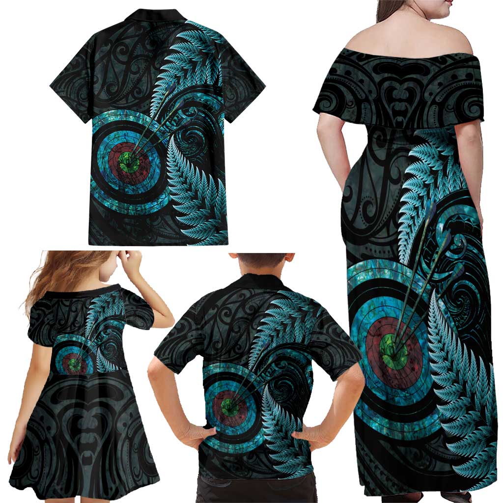 New Zealand Archery Family Matching Off Shoulder Maxi Dress and Hawaiian Shirt Aotearoa Silver Fern Maori - Polynesian Pride