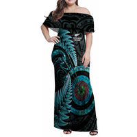 New Zealand Archery Family Matching Off Shoulder Maxi Dress and Hawaiian Shirt Aotearoa Silver Fern Maori - Polynesian Pride