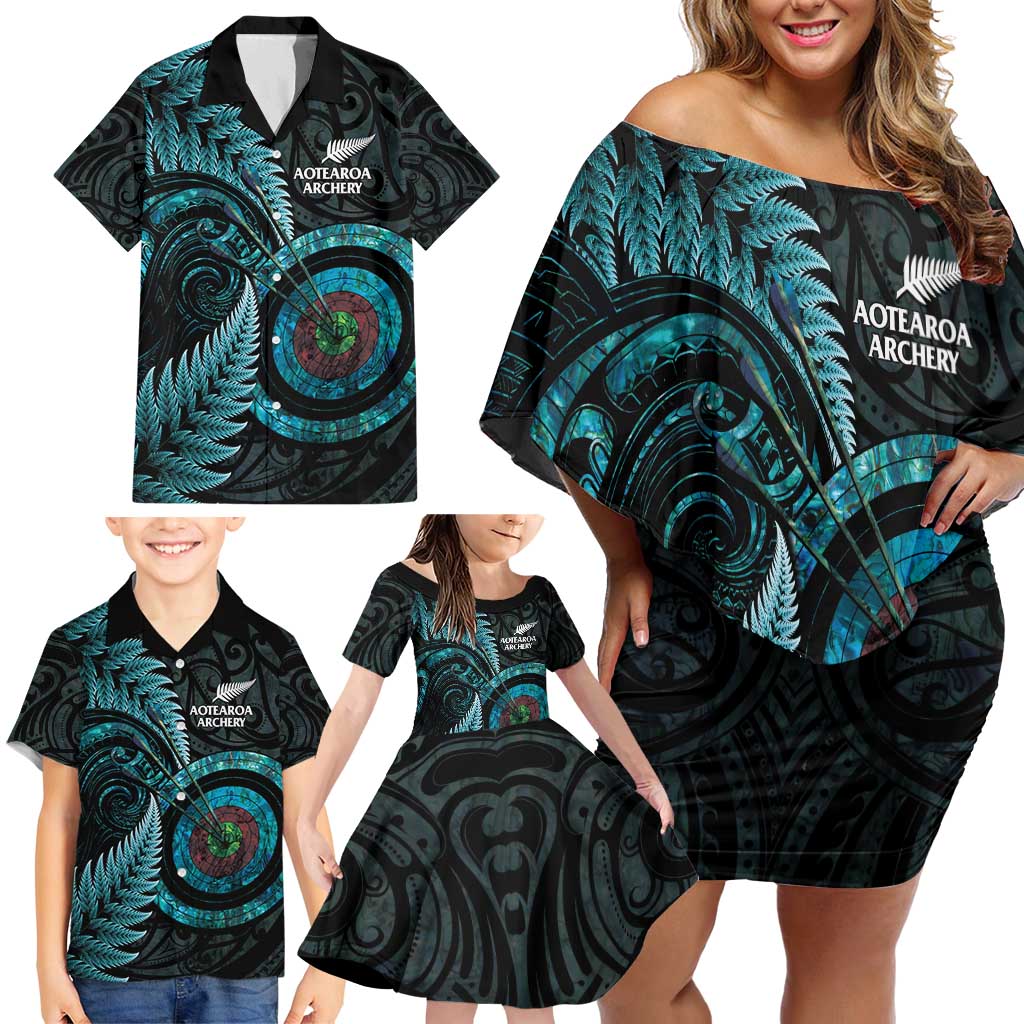 New Zealand Archery Family Matching Off Shoulder Short Dress and Hawaiian Shirt Aotearoa Silver Fern Maori - Polynesian Pride