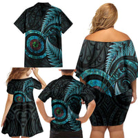 New Zealand Archery Family Matching Off Shoulder Short Dress and Hawaiian Shirt Aotearoa Silver Fern Maori - Polynesian Pride