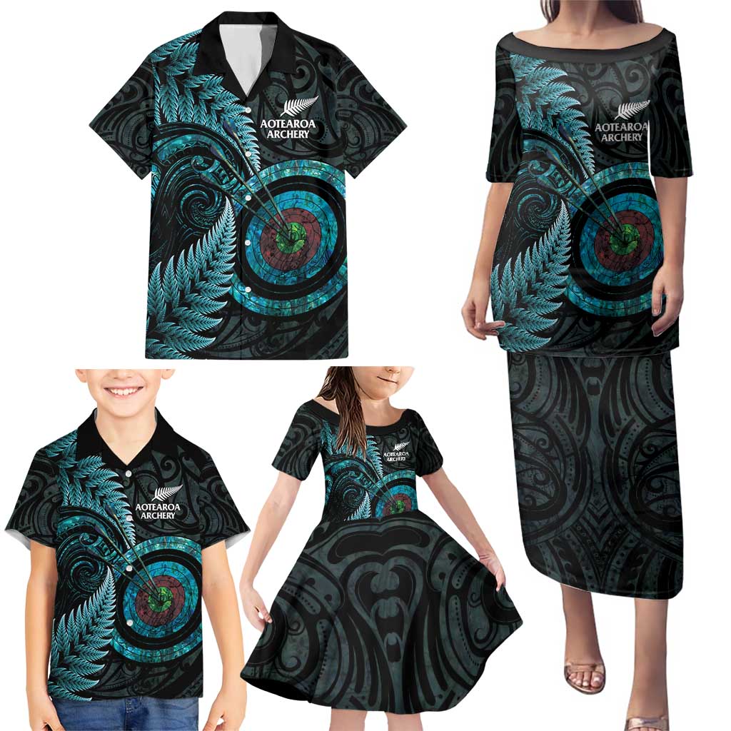 New Zealand Archery Family Matching Puletasi and Hawaiian Shirt Aotearoa Silver Fern Maori - Polynesian Pride