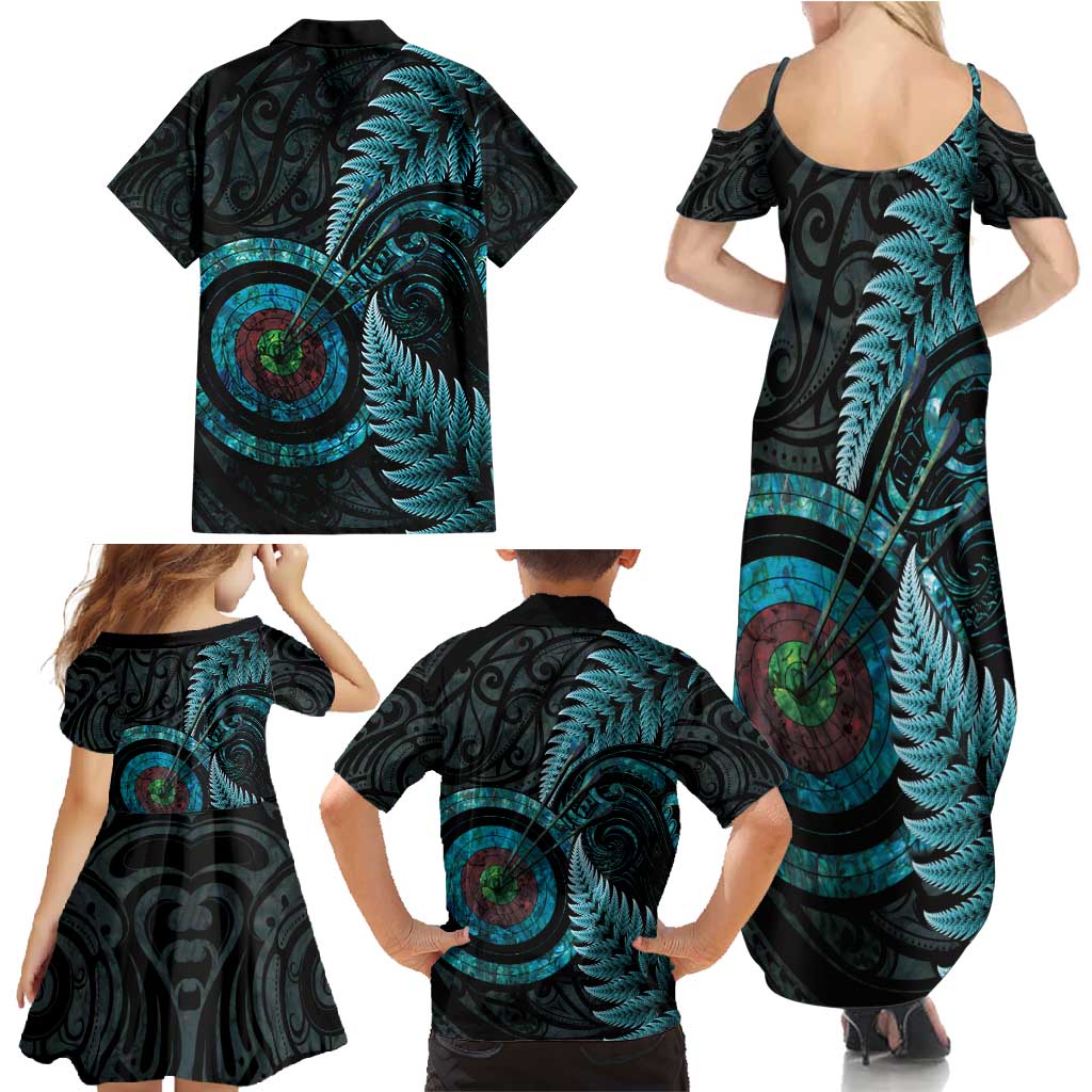 New Zealand Archery Family Matching Summer Maxi Dress and Hawaiian Shirt Aotearoa Silver Fern Maori - Polynesian Pride