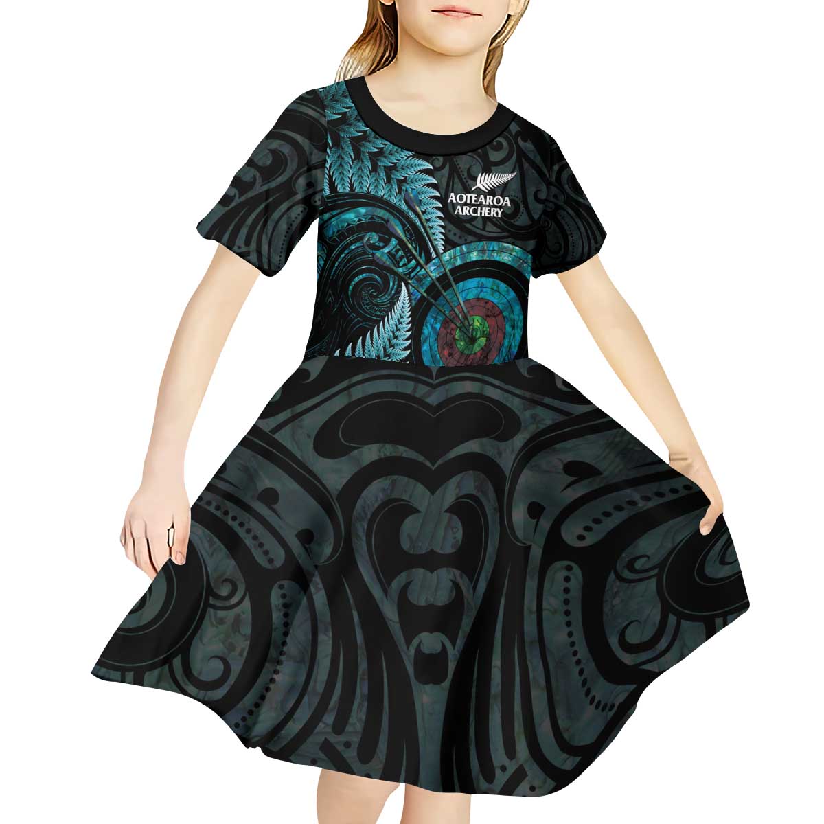 New Zealand Archery Kid Short Sleeve Dress Aotearoa Silver Fern Maori - Polynesian Pride