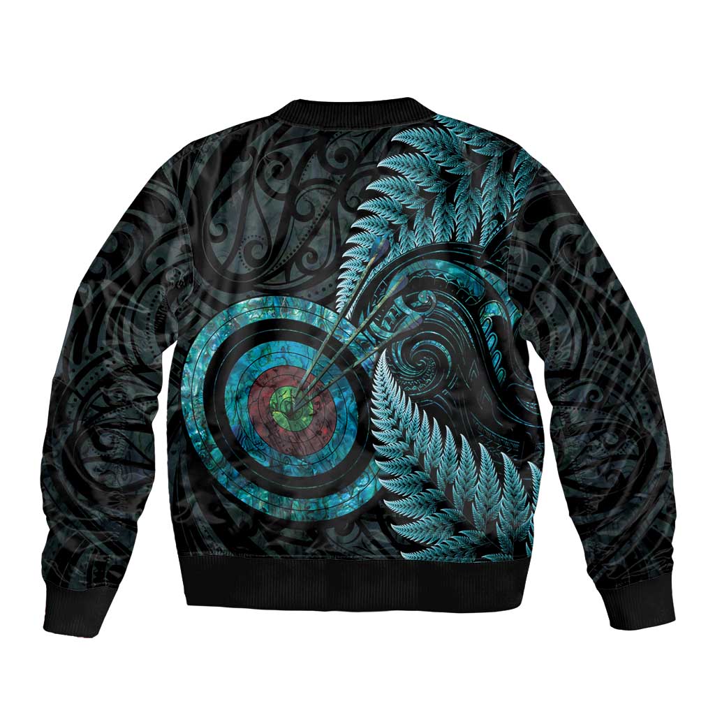 New Zealand Archery Sleeve Zip Bomber Jacket Aotearoa Silver Fern Maori - Polynesian Pride