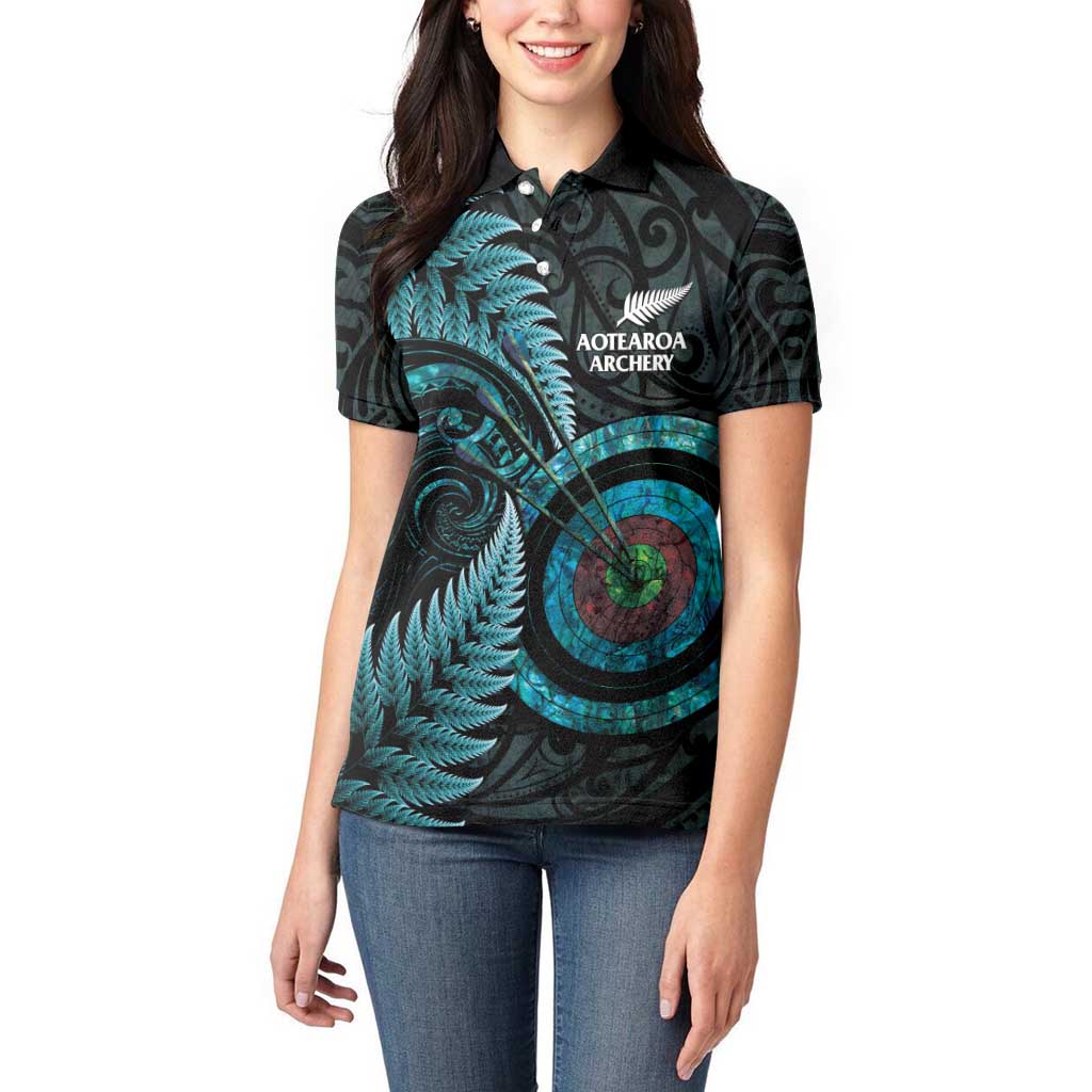 New Zealand Archery Women Polo Shirt Aotearoa Silver Fern Maori - Polynesian Pride