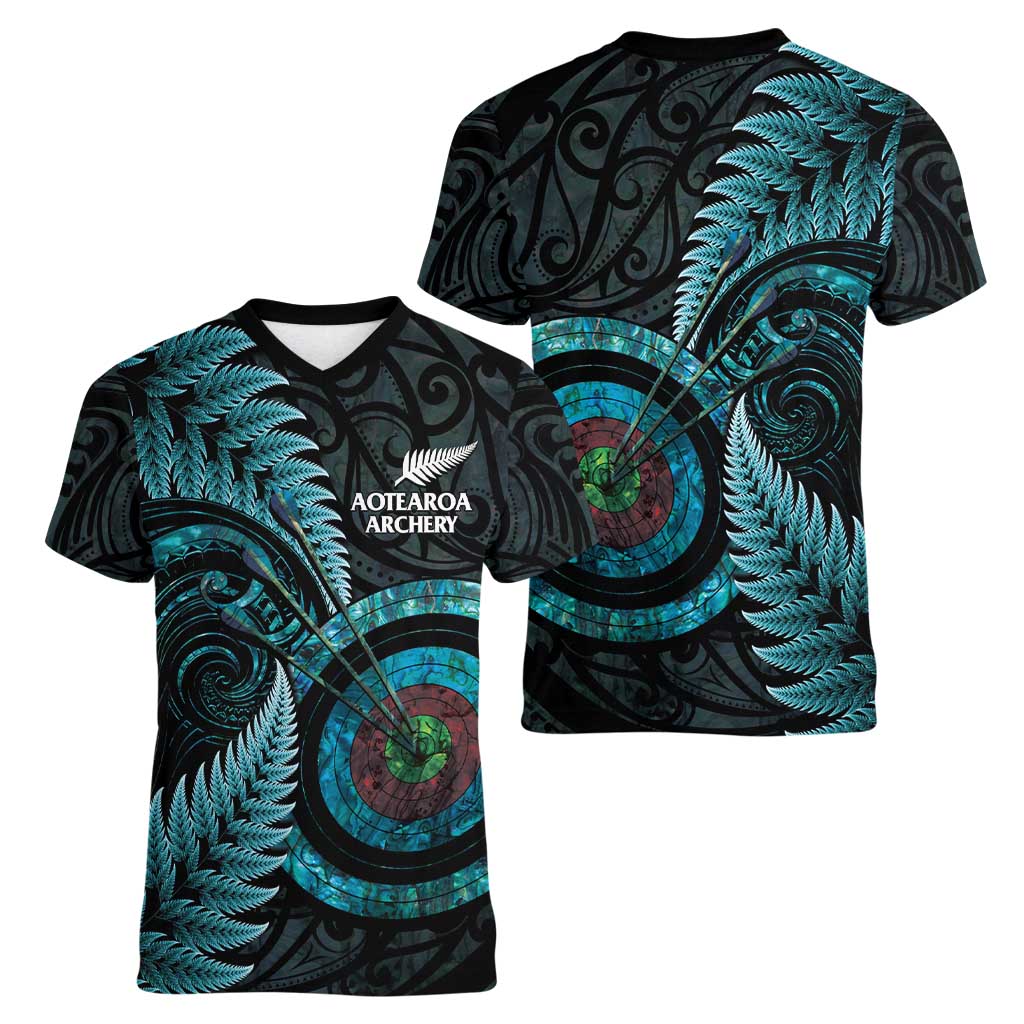 New Zealand Archery Women V-Neck T-Shirt Aotearoa Silver Fern Maori - Polynesian Pride