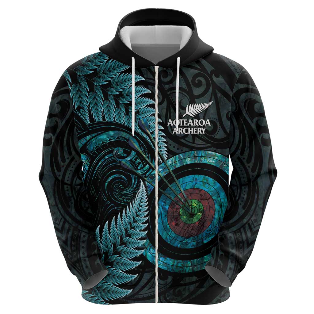 New Zealand Archery Zip Hoodie Aotearoa Silver Fern Maori - Polynesian Pride