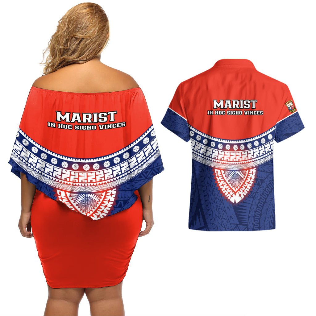 Fiji School Couples Matching Off Shoulder Short Dress and Hawaiian Shirt Marist Brothers Fijian Tapa Pattern LT14 - Polynesian Pride