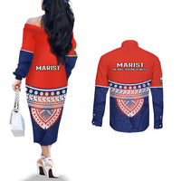 Fiji School Couples Matching Off The Shoulder Long Sleeve Dress and Long Sleeve Button Shirts Marist Brothers Fijian Tapa Pattern LT14 - Polynesian Pride