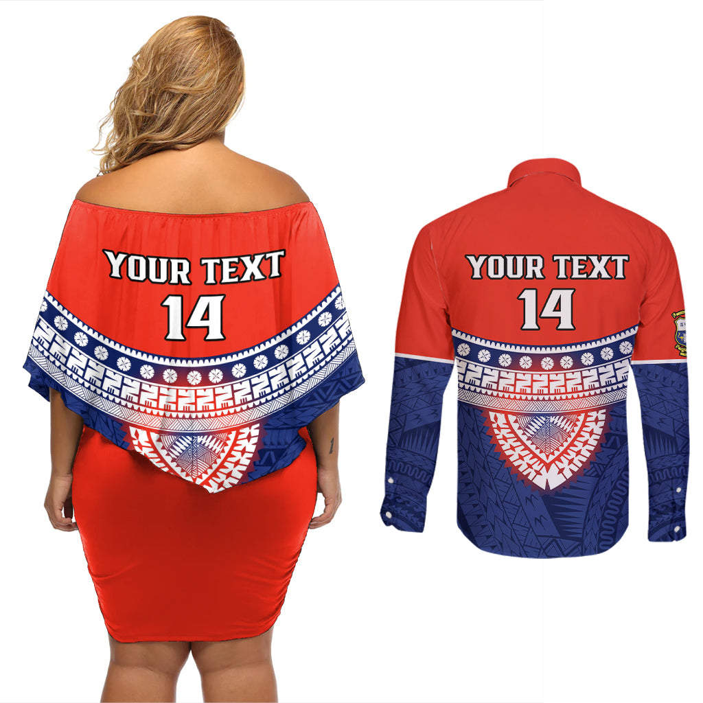 Custom Fiji School Couples Matching Off Shoulder Short Dress and Long Sleeve Button Shirts Marist Brothers Fijian Tapa Pattern LT14 - Polynesian Pride