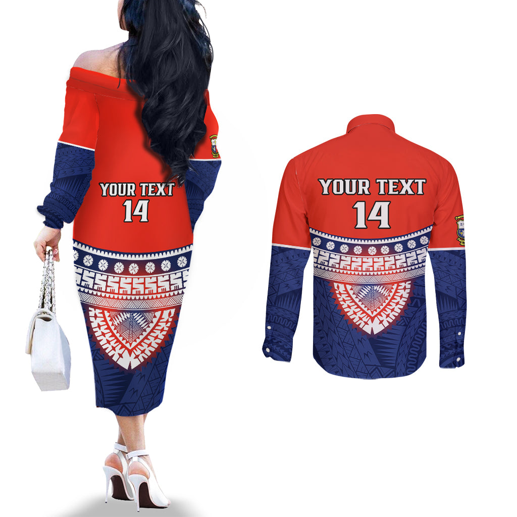 Custom Fiji School Couples Matching Off The Shoulder Long Sleeve Dress and Long Sleeve Button Shirts Marist Brothers Fijian Tapa Pattern LT14 - Polynesian Pride