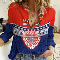 Custom Fiji School Women Casual Shirt Marist Brothers Fijian Tapa Pattern LT14 Female Blue - Polynesian Pride