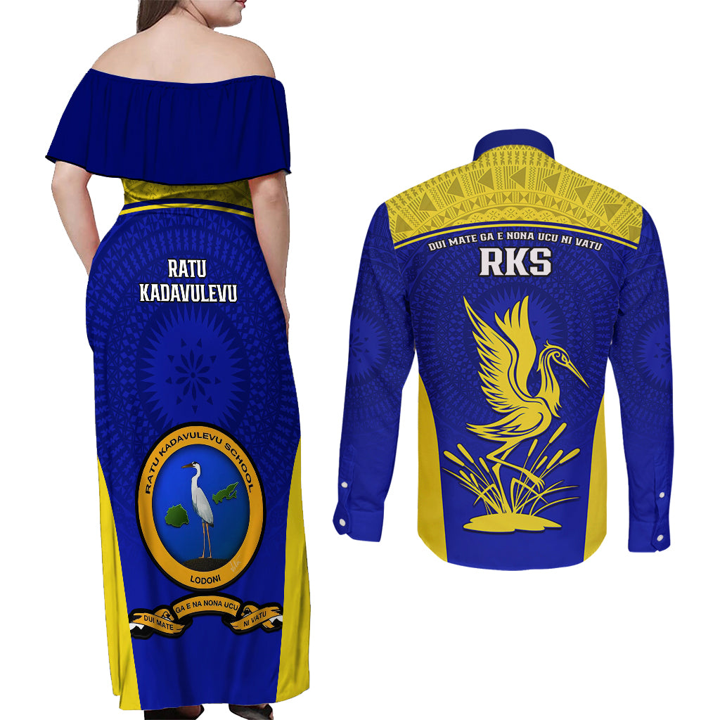 Fiji School Couples Matching Off Shoulder Maxi Dress and Long Sleeve Button Shirts Ratu Kadavulevu Heron With Fijian Tapa LT14 - Polynesian Pride