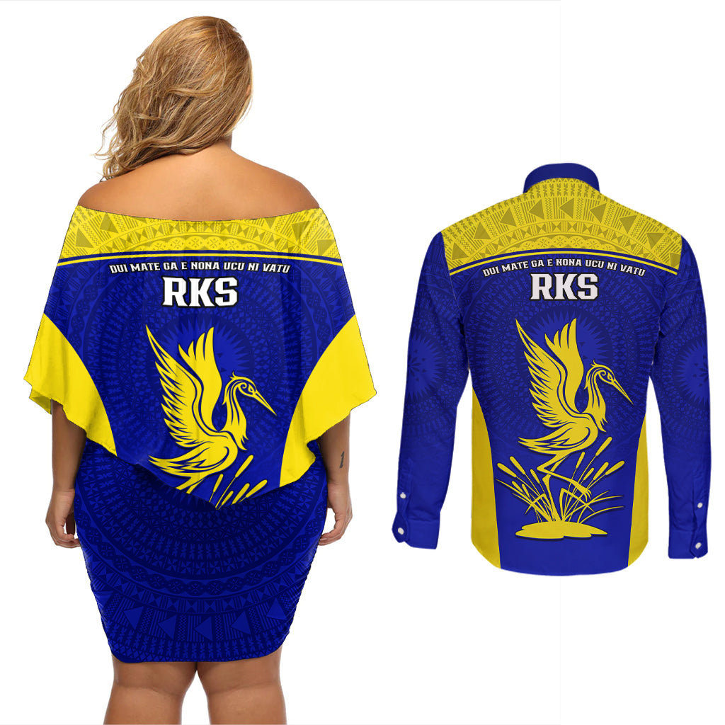 Fiji School Couples Matching Off Shoulder Short Dress and Long Sleeve Button Shirts Ratu Kadavulevu Heron With Fijian Tapa LT14 - Polynesian Pride