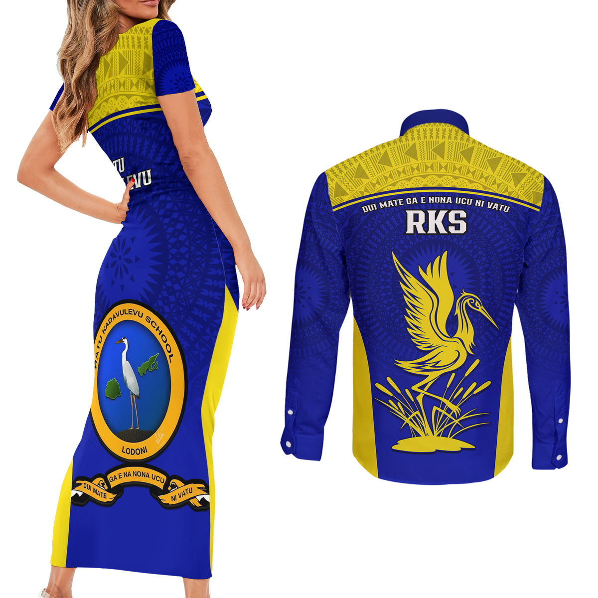 Fiji School Couples Matching Short Sleeve Bodycon Dress and Long Sleeve Button Shirts Ratu Kadavulevu Heron With Fijian Tapa LT14 - Polynesian Pride
