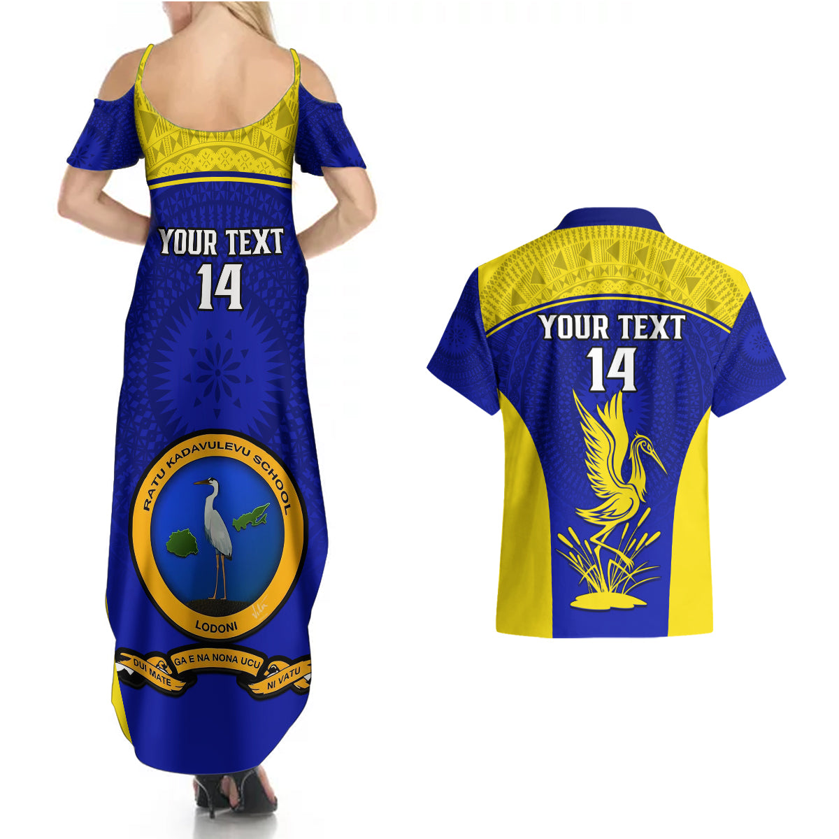 Custom Fiji School Couples Matching Summer Maxi Dress and Hawaiian Shirt Ratu Kadavulevu Heron With Fijian Tapa LT14 - Polynesian Pride