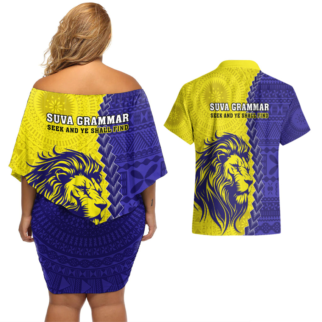 Fiji School Couples Matching Off Shoulder Short Dress and Hawaiian Shirt Suva Grammar Lions With Fijian Tapa LT14 - Polynesian Pride