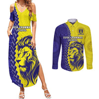 Fiji School Couples Matching Summer Maxi Dress and Long Sleeve Button Shirts Suva Grammar Lions With Fijian Tapa LT14 Gold - Polynesian Pride