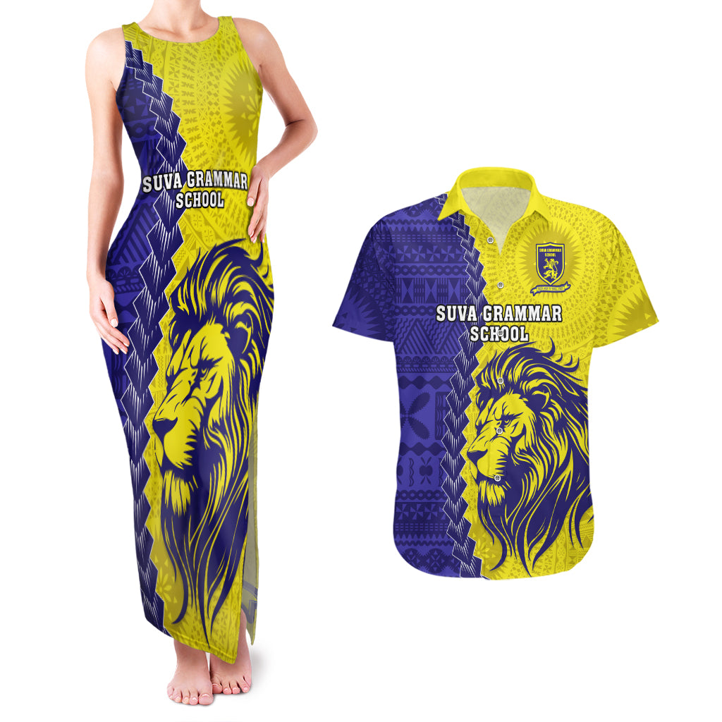 Fiji School Couples Matching Tank Maxi Dress And Hawaiian Shirt Suva Grammar Lions With Fijian Tapa LT14 Gold - Polynesian Pride