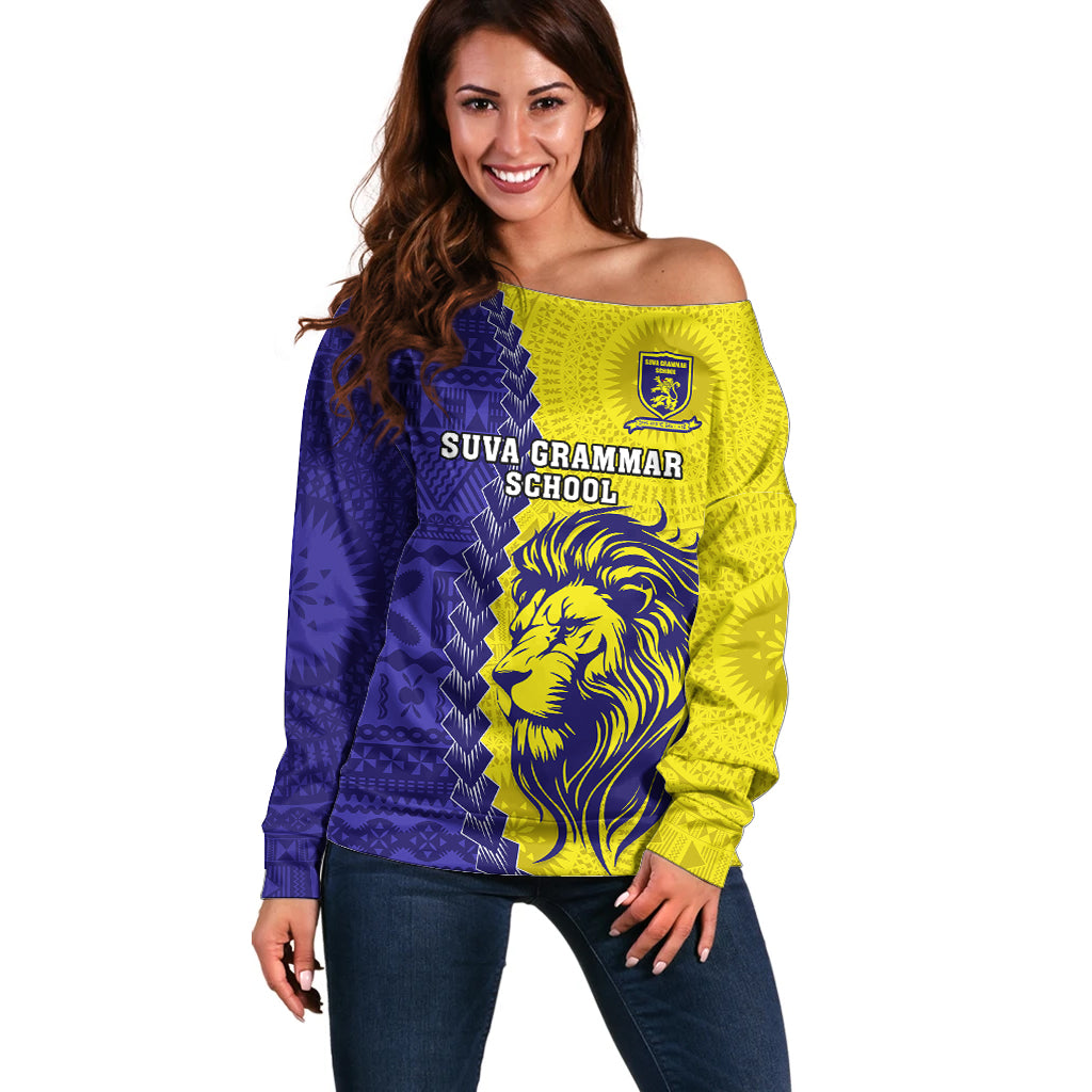 Fiji School Off Shoulder Sweater Suva Grammar Lions With Fijian Tapa LT14 Women Gold - Polynesian Pride